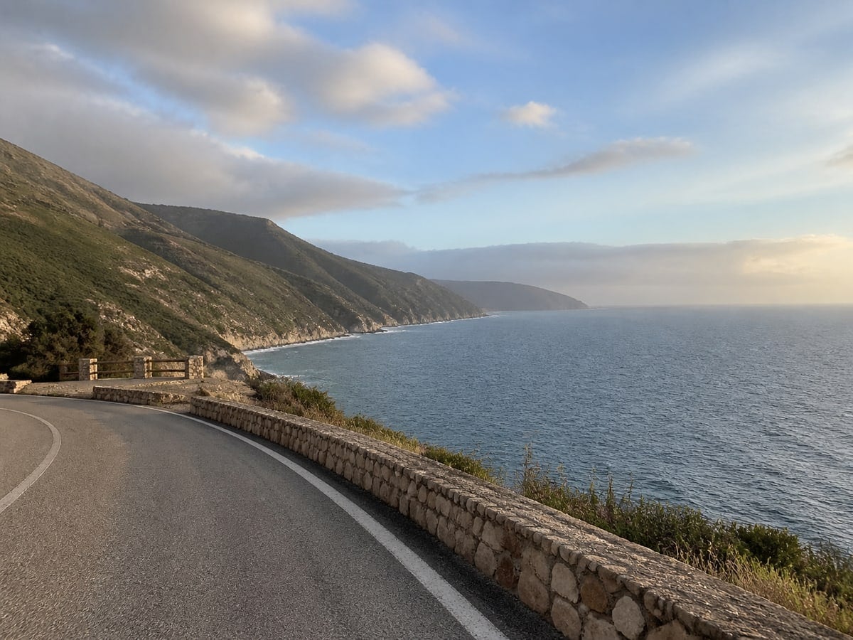 A generated coastal-road demo photo used by the sample scanner